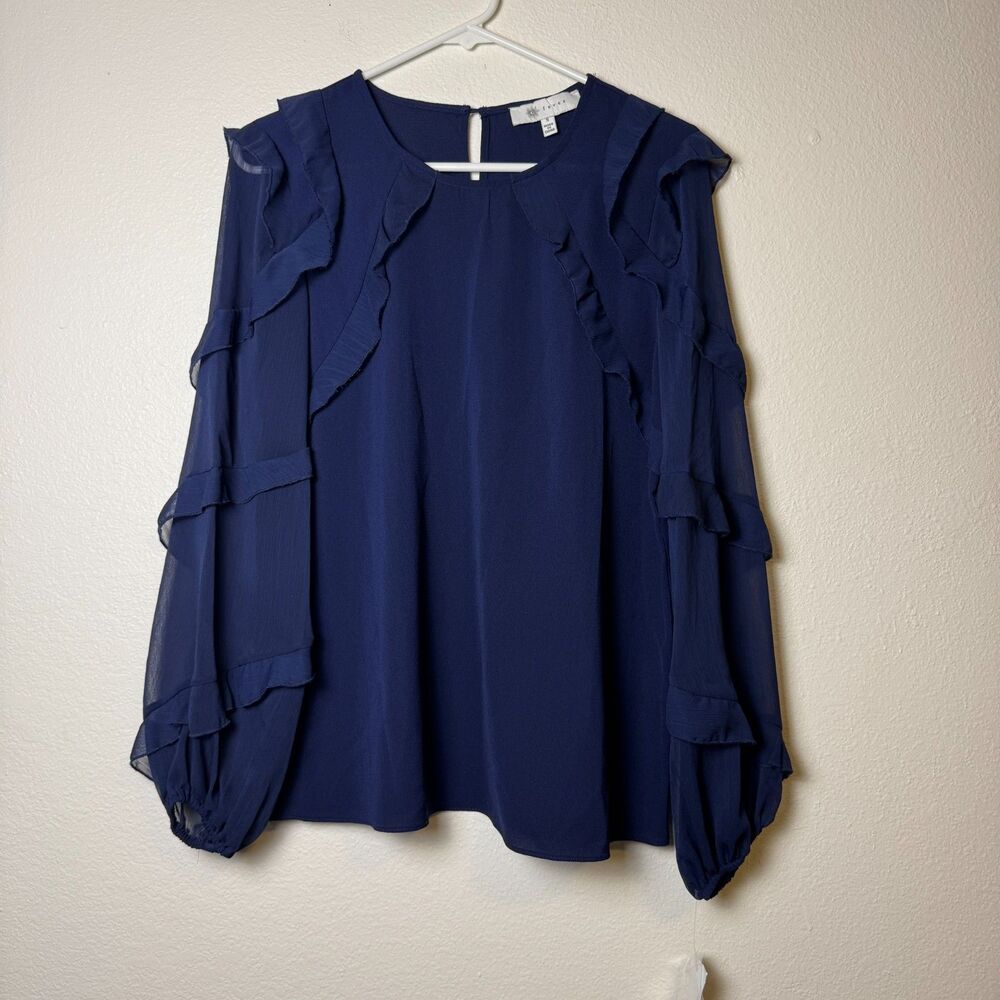 Fever Womens Blue Long Sleeve Ruffle Blouse Size Small NWT
